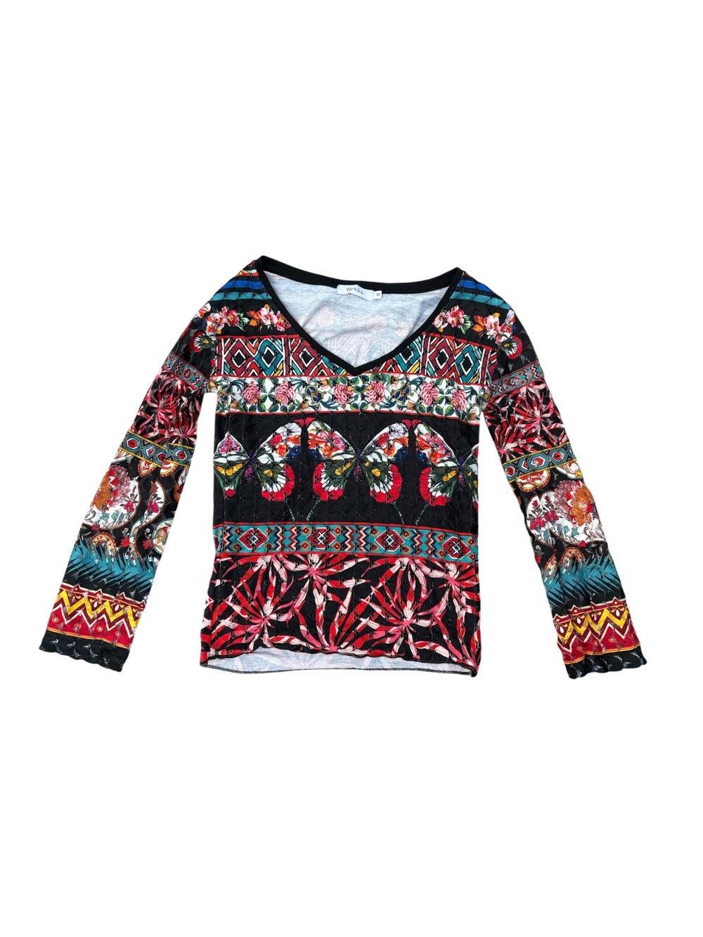 Multicolor Lace Long Sleeve Top Patterned Euro Vintage